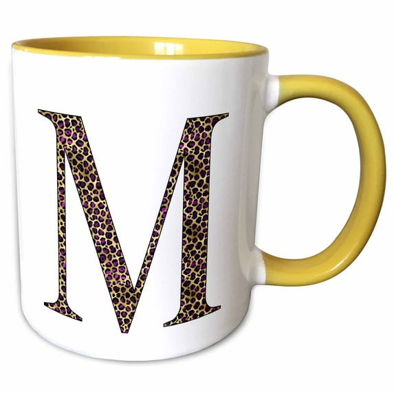 3drose, Glam Image of Gold and Purple Leopard Spots Monogram Initial M, 11oz Two-tone Yellow Mug