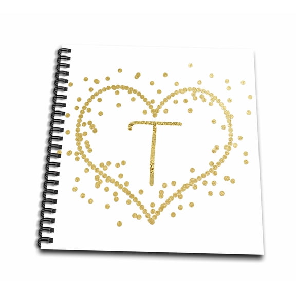 3dRose, Glam Digital Printed Gold Confetti Heart Monogram T, Mini Notepad 4 x 4 inch