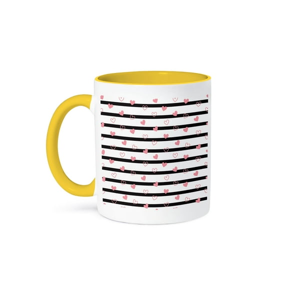 3drose, Glamour Valentines Day Pattern of Black Lines and Pink Hearts Gift, 15oz Two-tone Yellow Mug