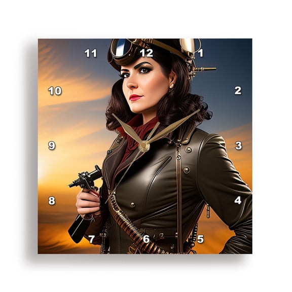 3dRose, Glamour fantastic lady pilot in a leather jacket. Chic fantasy gift, 15x15 Wall Clock