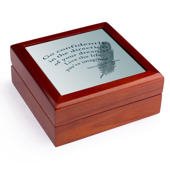 3dRose, Go Confidently Thoreau quote with Feather, Jewelry Box 5.5x5.5 inch with 4 inch tile
