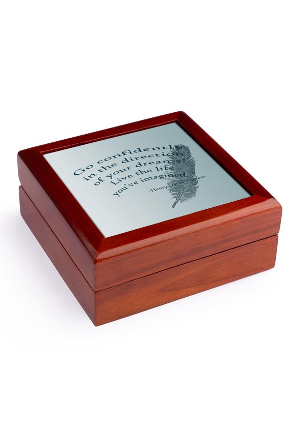 , Go Confidently Thoreau quote with Feather, Jewelry Box 5.5x5.5 inch with 4 inch tile