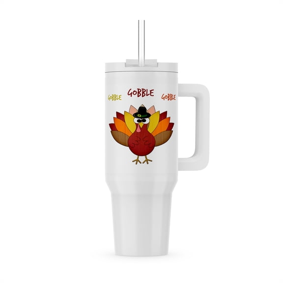 Gobble Gobble Gobble Happy Thanksgiving Cute Cartoon Turkey With Hat, 40oz Tumbler