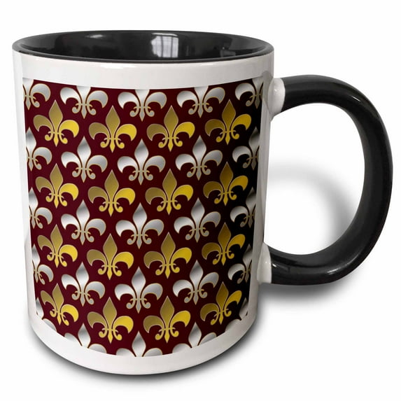 3drose, Gold and Silver Colored Fleur De Lis Pattern Crimson Red Background, 15oz Two-tone Black Mug