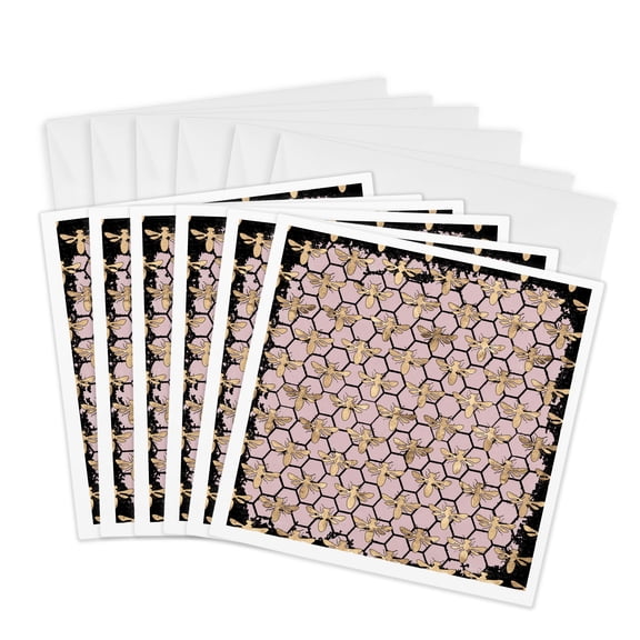 3drose, Gold Color Bees on a Pink and Black Honeycomb Pattern, 6 Greeting Cards with Envelopes