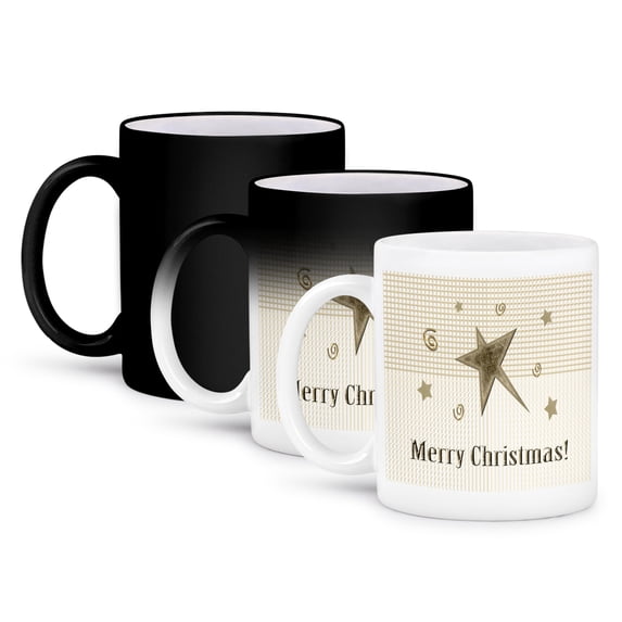 3dRose, Gold Colored Stars and Curls on Screened Background, Merry Christmas, 11oz Magic Transforming Mug