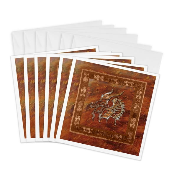 3drose, Gold Dragon on Orange, 6 Greeting Cards with Envelopes