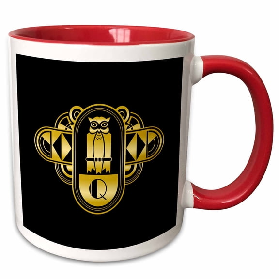 3drose, Gold Effect Art Deco Owl Monogram Geometric Design Letter Q, 11oz Two-tone Red Mug