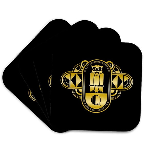 3drose, Gold Effect Art Deco Owl Monogram Geometric Design Letter Q, Set of 4 Coasters - Soft
