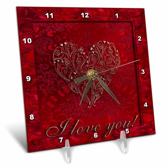 3dRose, Gold Heart on Red I love you, 6x6 Desk Clock