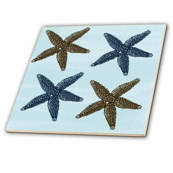 3dRose, Gold and Blue Starfish, 4 Inch Ceramic Tile
