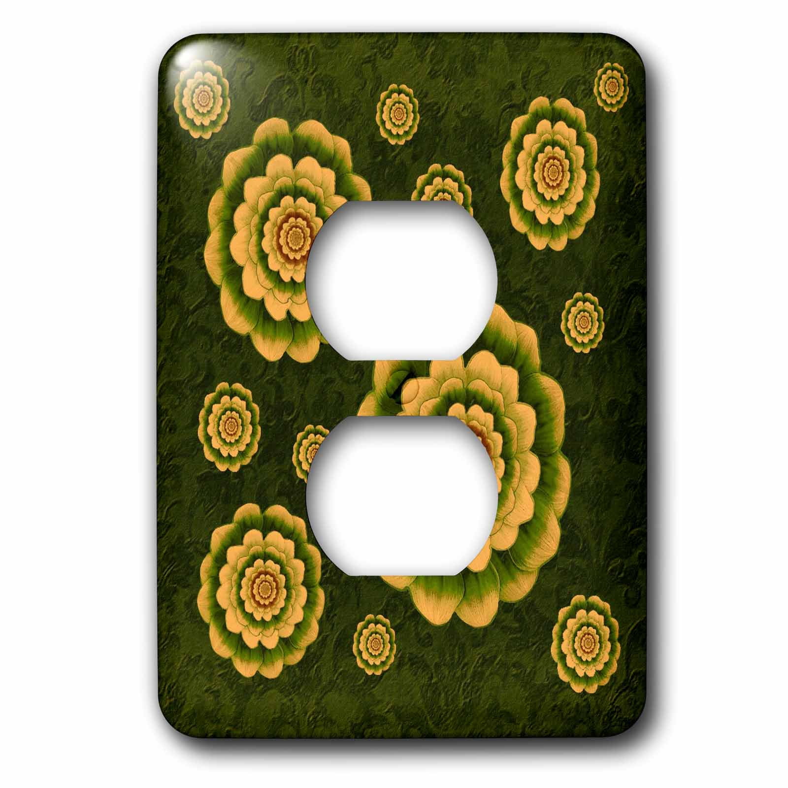 3dRose, Gold and olive green fantasy mandala flower on dark olive green damask background, 2 plug outlet cover