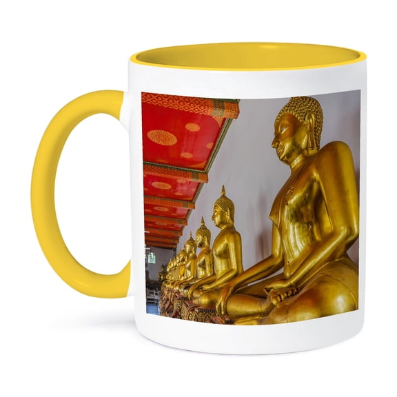 3dRose, Golden Buddhas, Wat Pho Temple, Bangkok, Thailand. Built in 1600s., 15oz Two-Tone Yellow Mug