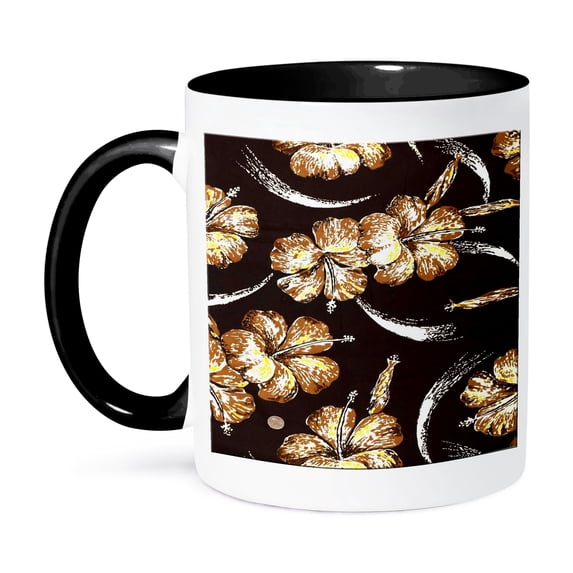 3dRose, Golden Hibiscus flowers on our Hawaiian print for those beach lovers out there, 15oz Two-Tone Black Mug