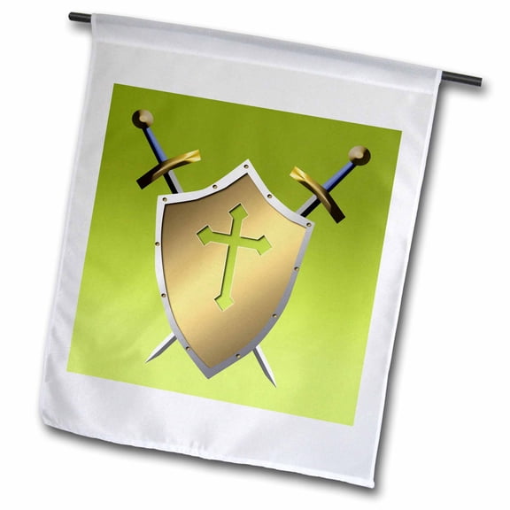 3dRose, Golden Shield with crossed swords and the Christian Cross and background in Earls Green, 12 x 18 inch Garden Flag