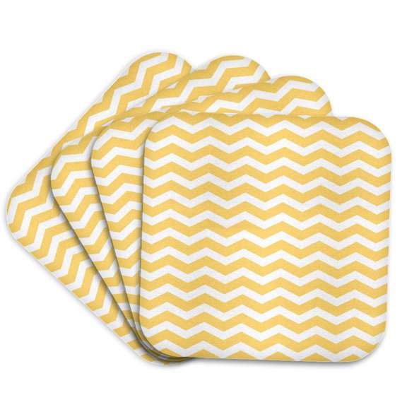 3dRose, Golden Yolk Yellow and White Chevron Zig Zag Stripy Pattern Cute Classic, set of 4 Coasters - Soft