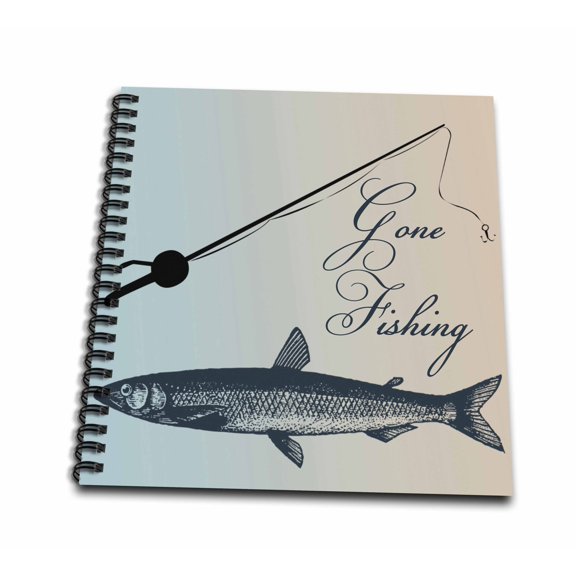 3dRose, Gone Fishing Fish with Pole- Beach Theme Art, Mini Notepad 4 x 4 inch