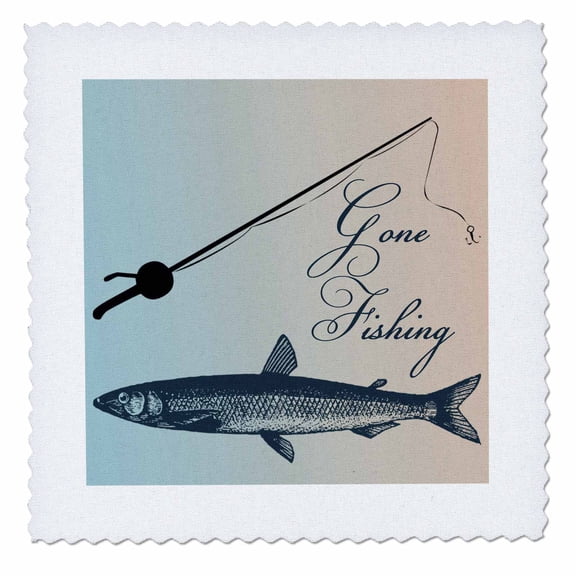 3dRose, Gone Fishing Fish with Pole- Beach Theme Art, 10x10 inch quilt square