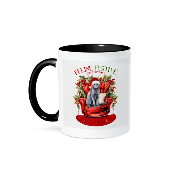 3dRose, Gorgeous Gray Russian Blue Cat with Green Eyes for Christmas, 11oz Two-Tone Black Mug