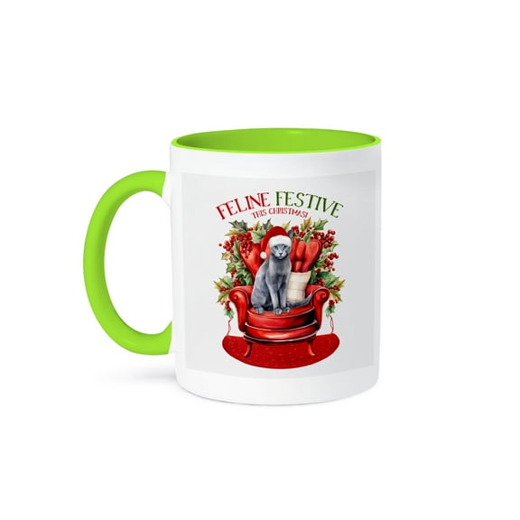 3dRose, Gorgeous Gray Russian Blue Cat with Green Eyes for Christmas, 11oz Two-Tone Green Mug