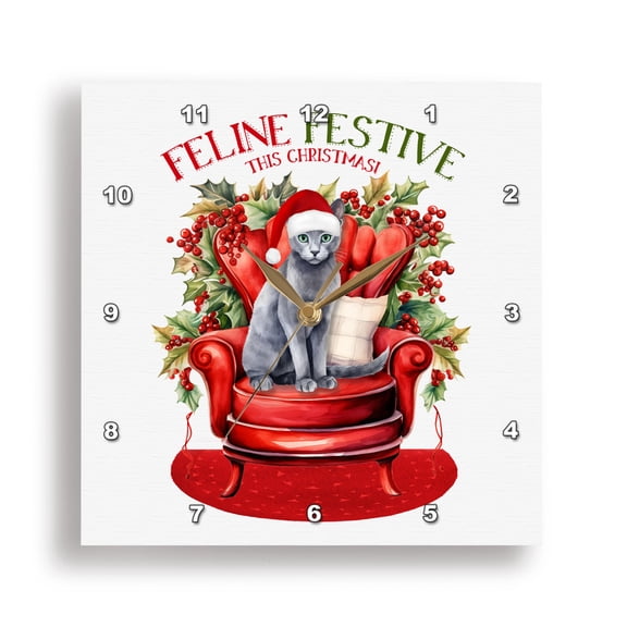 3dRose, Gorgeous Gray Russian Blue Cat with Green Eyes for Christmas, 13x13 Wall Clock