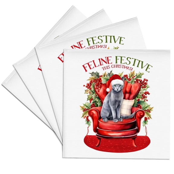 3dRose, Gorgeous Gray Russian Blue Cat with Green Eyes for Christmas, Set of 4 Ceramic Tile Coasters