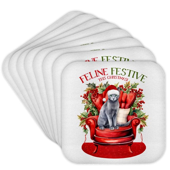3dRose, Gorgeous Gray Russian Blue Cat with Green Eyes for Christmas, Set of 8 Coasters - Soft