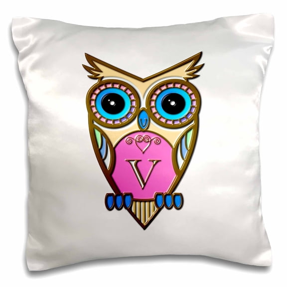 3dRose, Gorgeous Pink and Blue Owl Monogram Letter V, 16x16 inch Pillow Case