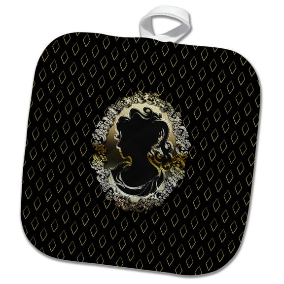 3dRose, Gorgeous Vintage Cameo, Oval Frame, Diamond Design on Black, Gold, 8x8 Potholder