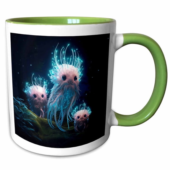 3drose, Gowing Furry Creatures with Tendrils and Large Eyes, in a Dark Forest., 11oz Two-tone Green Mug