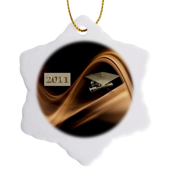 3drose, Graduation 2011, Wave Design, Cap and Diploma, Gold on Black, 3 inch Snowflake Porcelain Ornament