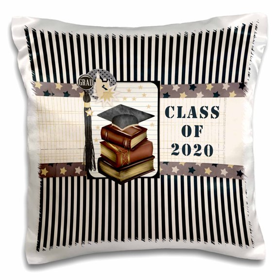 3dRose, Graduation Cap on Books, Tassel on Stars, Stripes, Class of 2020, Gold, 16x16 inch Pillow Case