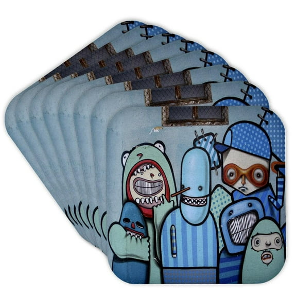 3drose, Graffiti Wall Art Cartoon Characters in Blues, Set of 8 Coasters - Soft