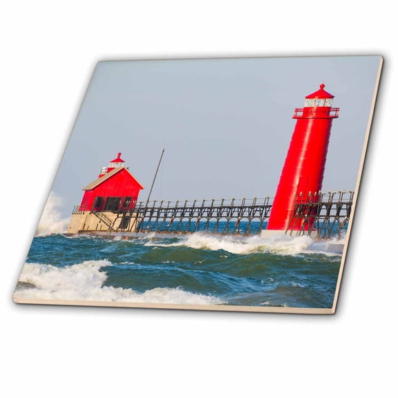 3dRose, Grand Haven South Pier Lighthouse, Lake Michigan, Grand Haven, MI, 4 Inch Ceramic Tile