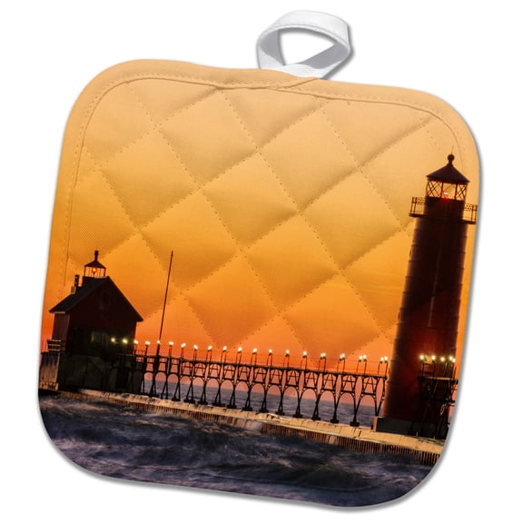 3dRose, Grand Haven South Pier Lighthouse at sunset on Lake Michigan, Michigan, 8x8 Potholder