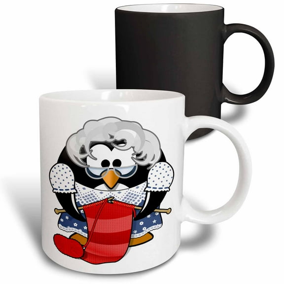 3drose, Grandma Penguin Knitting Illustration, 11oz Magic Transforming Mug