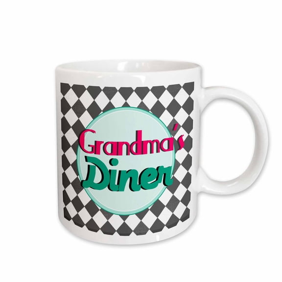 3drose, Grandmas Diner Sign on Black and White Diamonds Retro Hot Pink Aqua Teal 1950s 50s Fifties Kitchen, 15oz Mug