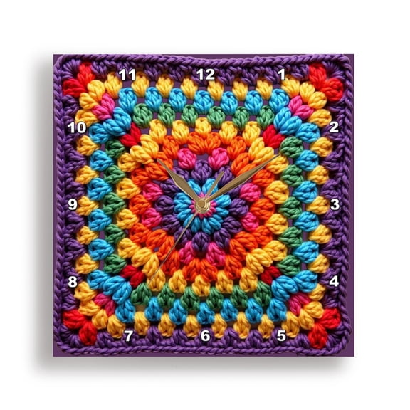 3dRose, Granny Square Crochet Pattern Purple Edged Seventies Retro Pattern , 15x15 Wall Clock
