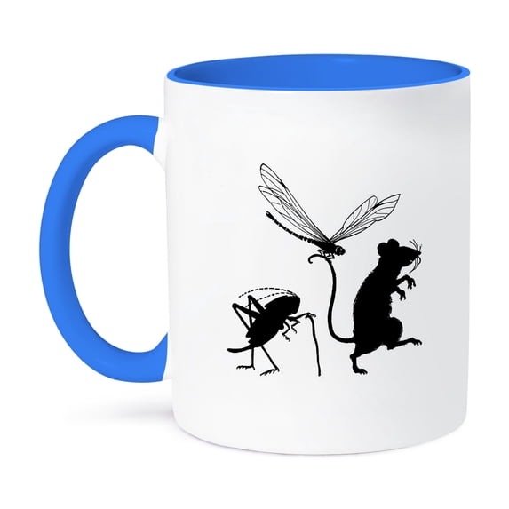 3dRose, Grasshopper Dragonfly n Mouse In Silhouette, 11oz Two-Tone Blue Mug