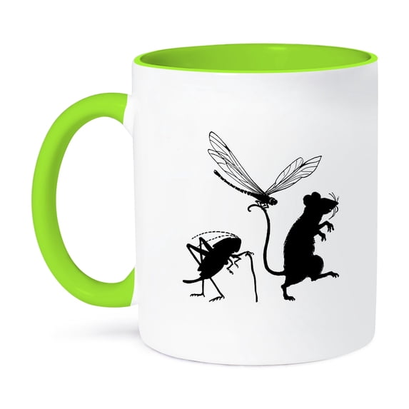 3dRose, Grasshopper Dragonfly n Mouse In Silhouette, 11oz Two-Tone Green Mug