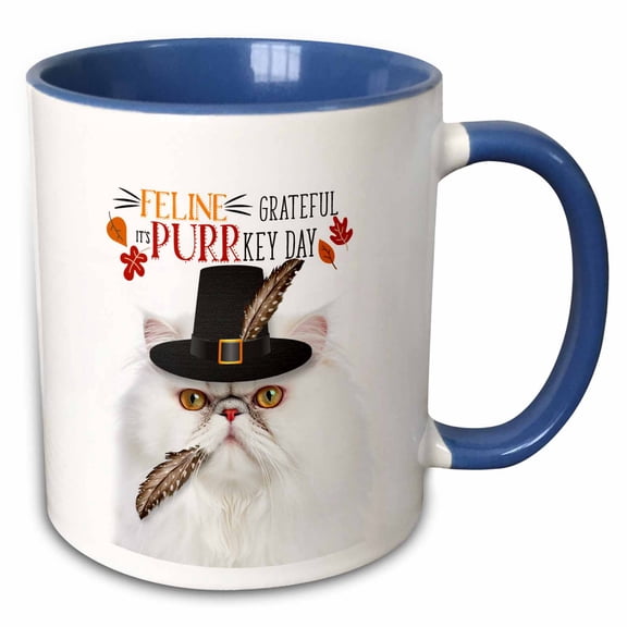 Grateful But Grumpy Looking White Persian Cat Thanksgiving Humor, 11oz Two-Tone Blue Mug