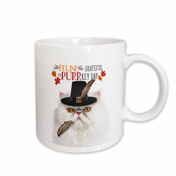 3drose, Grateful but Grumpy Looking White Persian Cat Thanksgiving Humor, 15oz Mug