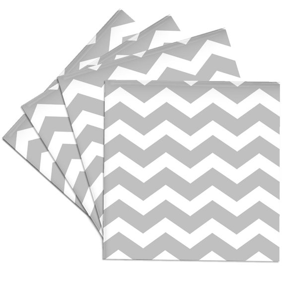 3dRose, Gray and white zig zag chevron pattern. Light grey silver zigzags, Set of 4 Ceramic Tile Coasters