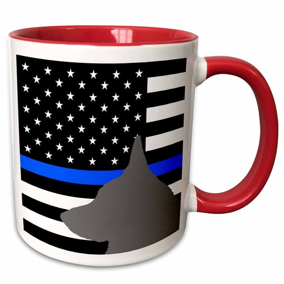 3drose, Gray Silhouette of German Shepherd, American Flag with Thin Blue Line., 15oz Two-tone Red Mug