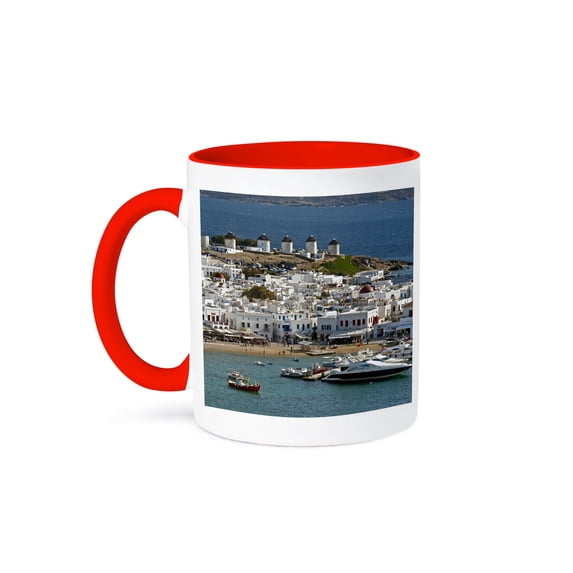 3dRose, Greece, Mykonos, Chora, inner harbor of Mykonos - EU12 DNY0014 - David Noyes, 11oz Two-Tone Red Mug