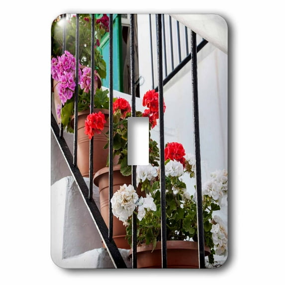 3dRose, Greece, Mykonos, house stairs decorated with flowers, single toggle switch