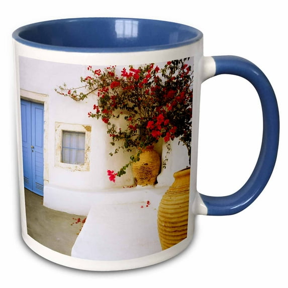 3drose, Greece, Santorini. Blue Door to House and Potted Flowers., 11oz Two-tone Blue Mug
