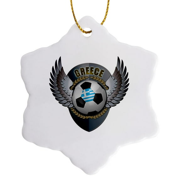 3drose, Greece Soccer Ball with Crest Team Football Greek, 3 inch Snowflake Porcelain Ornament