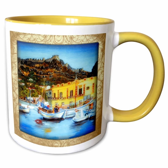 3drose, Greek Island Port, 11oz Two-tone Yellow Mug