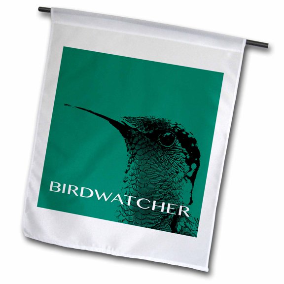 3dRose, Green Birdwatcher with Hummingbird blotting outline ink drawing, 12 x 18 inch Garden Flag